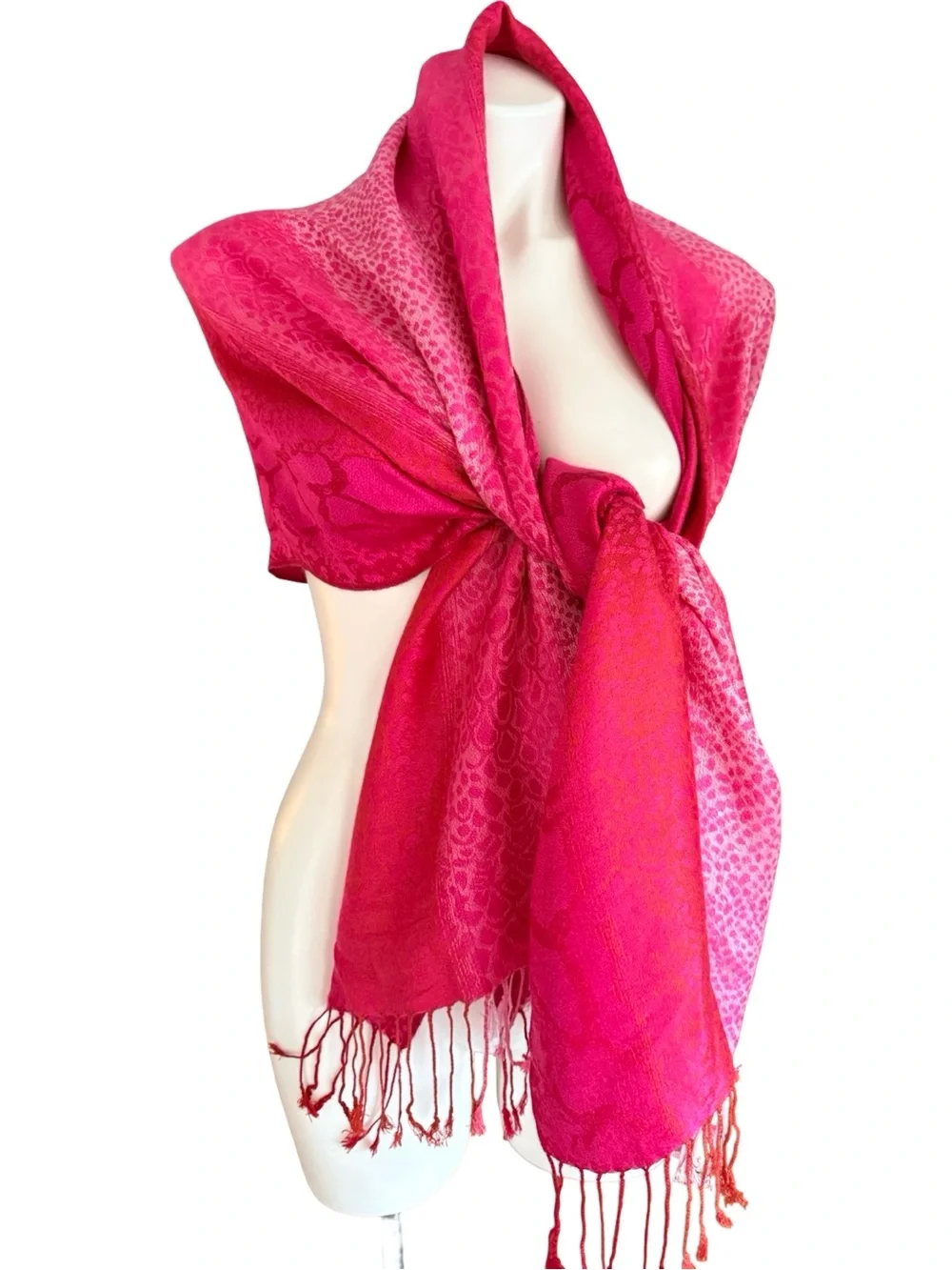 Pashmina Cashmere Silk Wrap Shawl Hot Pink Jacquard Fringe Italy Firenze